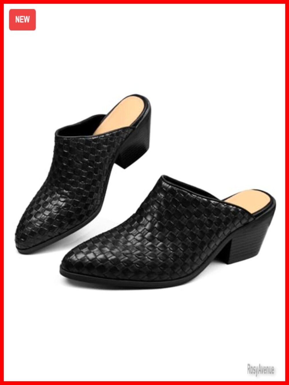 POYOIOR Women's Pointed Toe Block Heel Mule Faux Leather Slip On Pumps